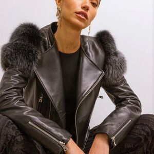 Beautiful NWT Black Leather Jacket with Fur Accents